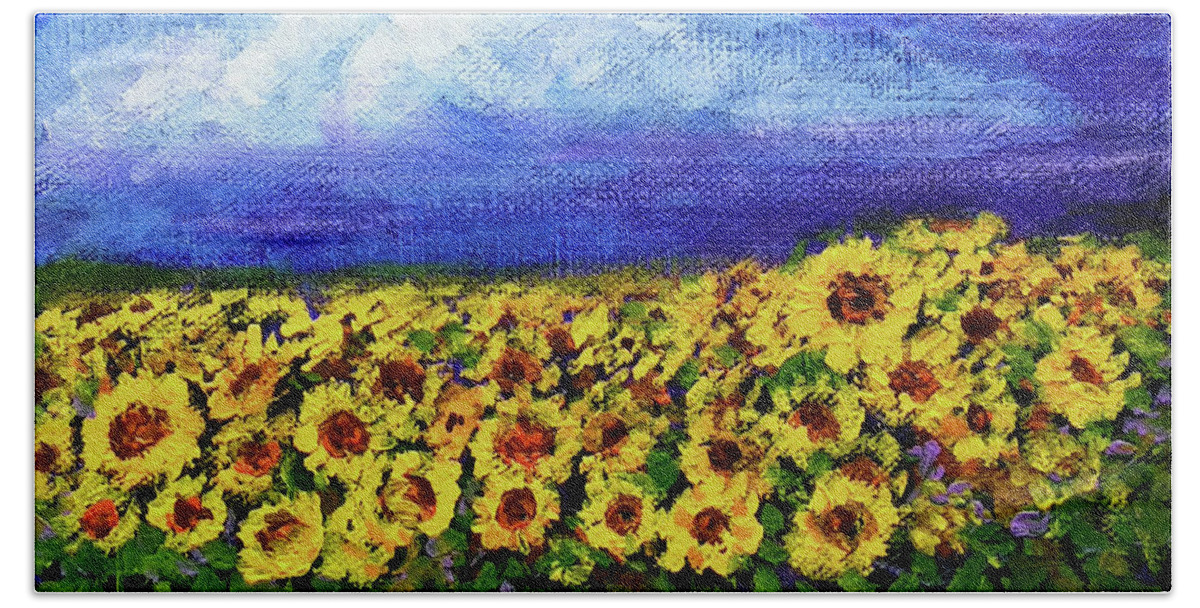 Sunflowers Beach Towel featuring the painting Summer sunflower fields by Asha Sudhaker Shenoy