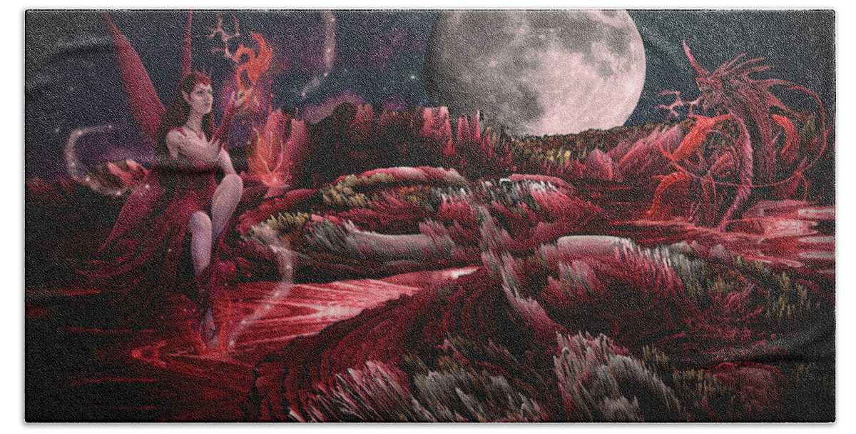 Art Beach Towel featuring the digital art Summoning the Dragon of Blood Mountain by Artful Oasis