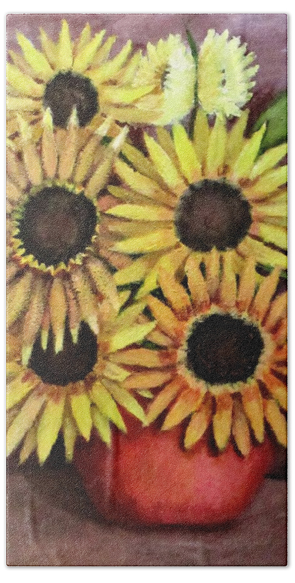 Still Life Beach Towel featuring the painting Sun Flowers by Gregory Dorosh