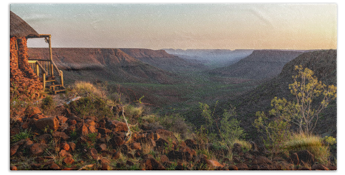 Klip River Valley Beach Towel featuring the photograph Sun Setting at Grootberg Lodge over Klip River Valley in Namibia by Belinda Greb