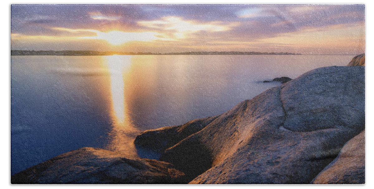 Stage Fort Park Beach Towel featuring the photograph Sun-Up Stage Fort, Gloucester MA. by Michael Hubley
