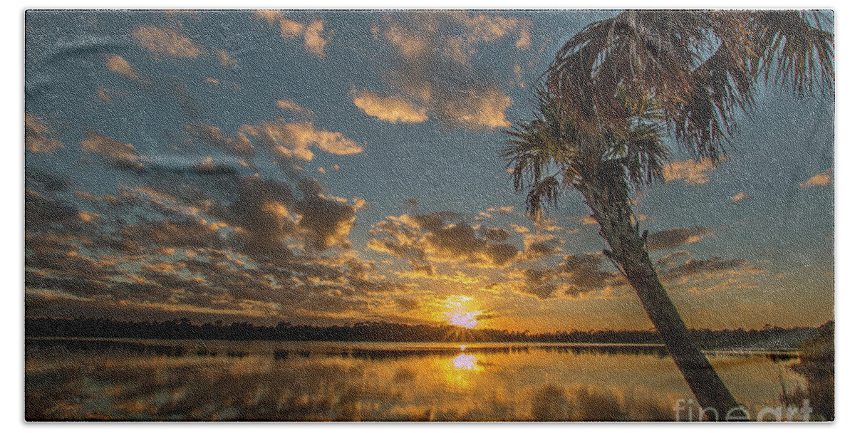 Sun Beach Towel featuring the photograph Sunburst and Palm Sunset by Tom Claud