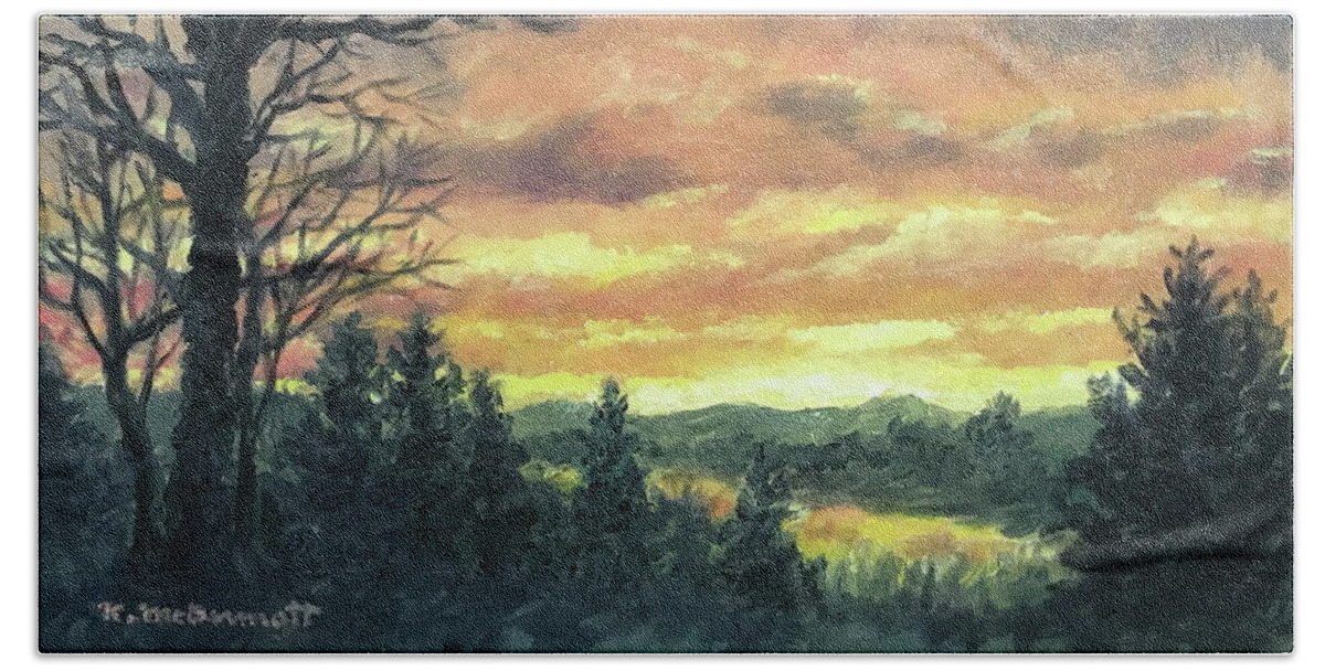Sunset Beach Sheet featuring the painting Sundown above the River by Kathleen McDermott