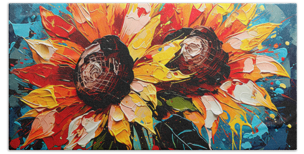 Sunflower Beach Towel featuring the painting Sunflower Duet - Sunflowers Paintings by Lourry Legarde