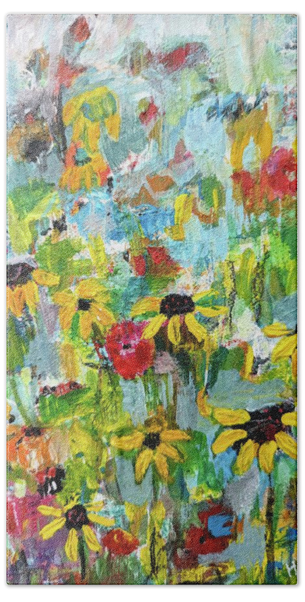 Sunflower Paintings Beach Towel featuring the painting Sunflower Field by Haleh Mahbod