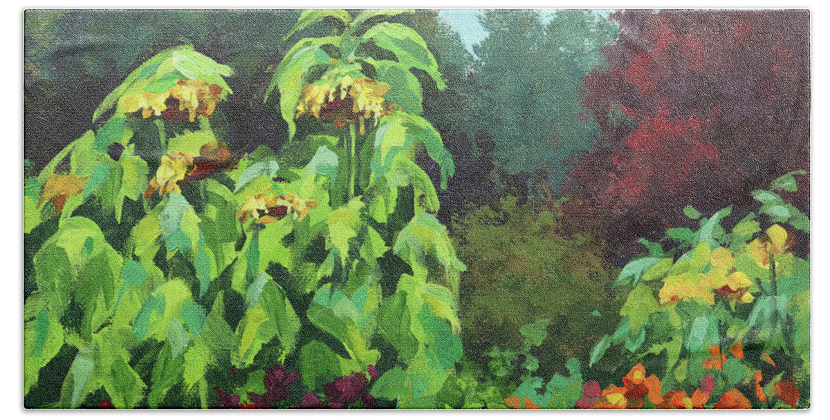 Sunflower Beach Towel featuring the painting Sunflower Garden by Karen Ilari