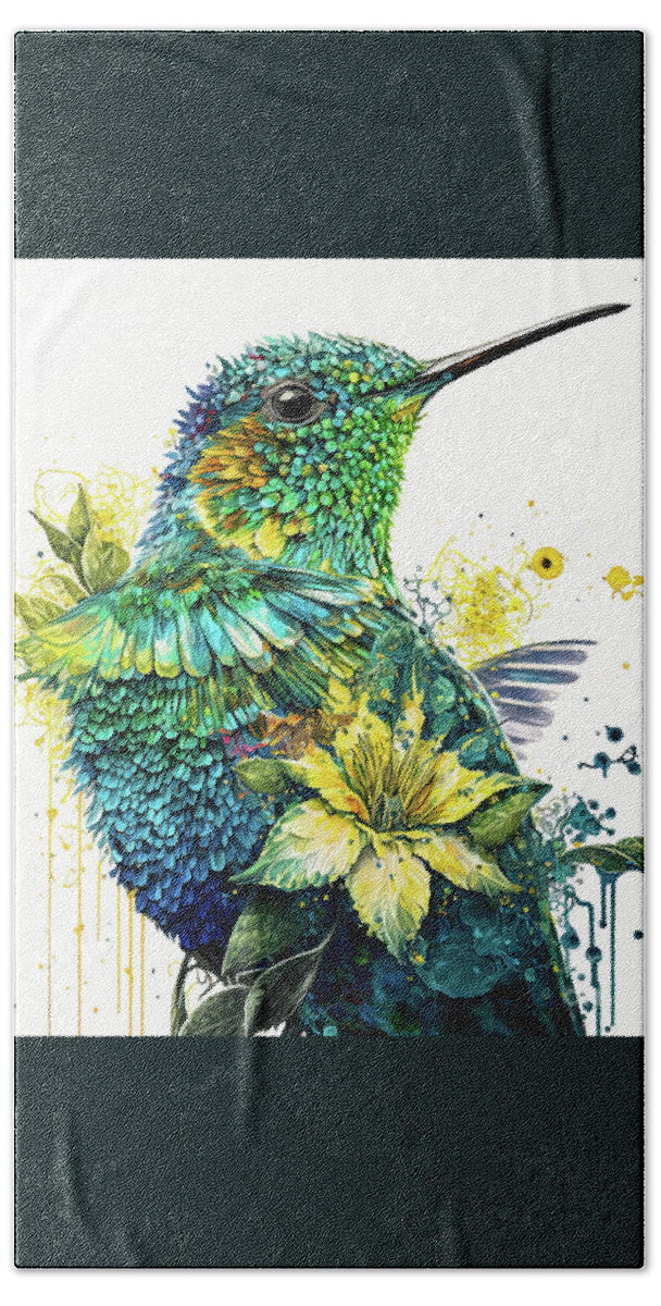 Hummingbird Beach Towel featuring the painting Sunflower Hummingbird by Tina LeCour