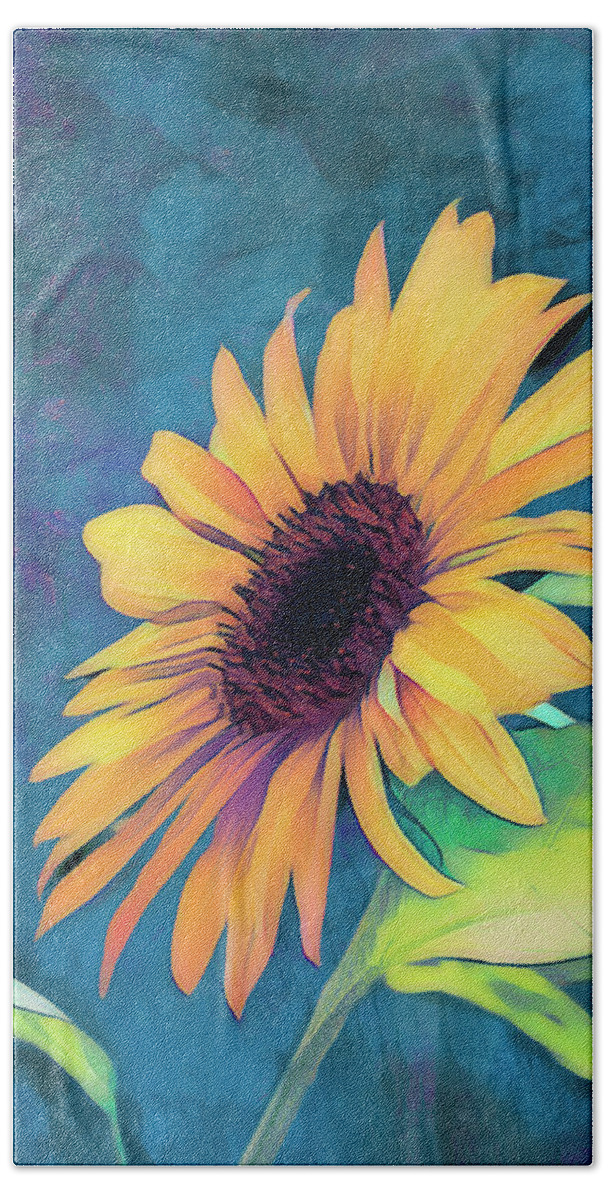Sunflower Beach Towel featuring the digital art Sunflower On Dark Teal flower art by Ann Powell