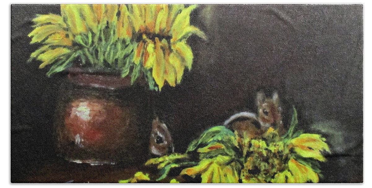Flowers Beach Towel featuring the painting Sunflower Thieves by Clyde J Kell