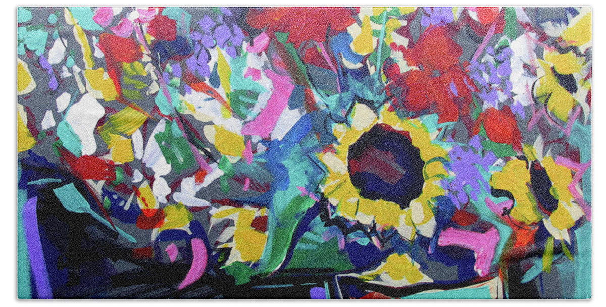 Sunflower Vase Beach Towel featuring the painting Sunflower Vase by John Gholson