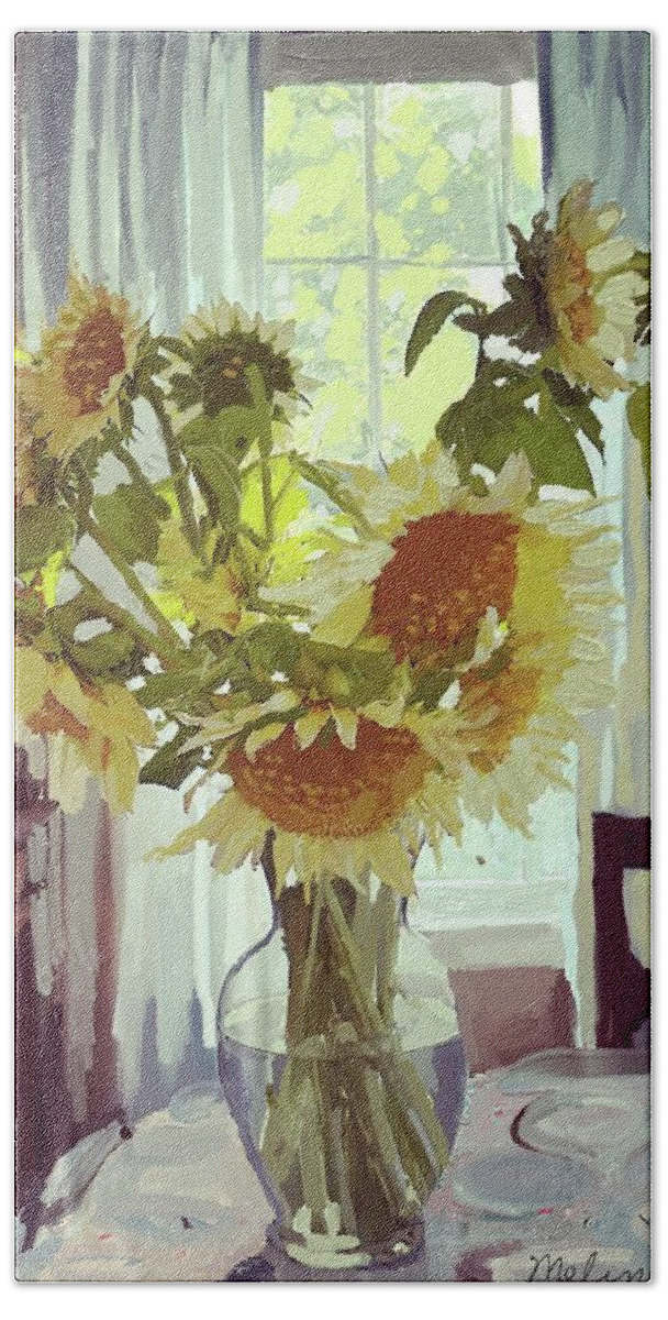 Charlie’s Sunflowers Beach Towel featuring the painting Sunflowers by Melissa Abbott