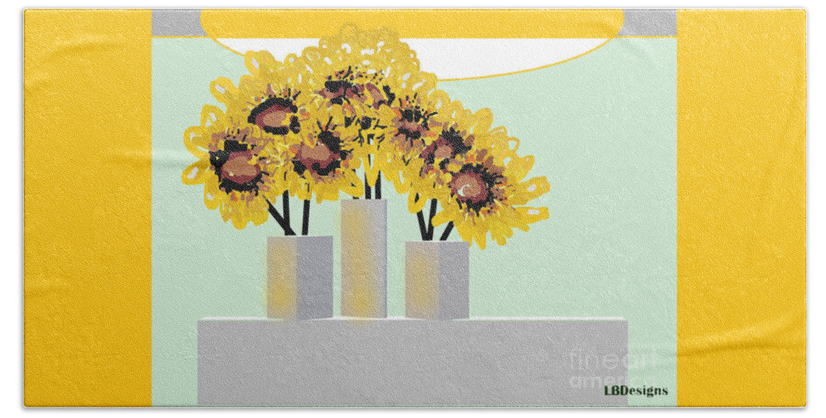 Florals Beach Towel featuring the digital art Sunflowers, Table Vases Flowers Light II by LBDesigns