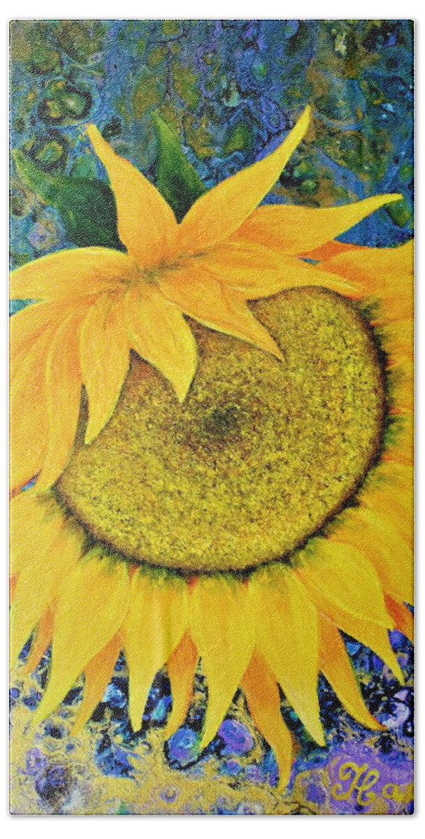 Wall Art Home Decoration Sunflower Flowers Yellow Sunflower Abstract Art Acrylic Painting Pouring Art Pouring Technique Pouring Effects Fluid Art Abstract Pour Mixed Media Gift Idea Yellow Flowers Beach Towel featuring the painting Sunny Sunflower by Tanya Harr