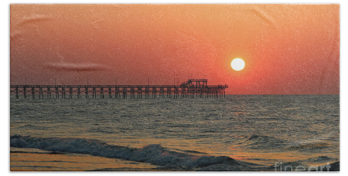 Seaview Beach Towel featuring the photograph Sunrise at Seaview Pier North Topsail Island 1289 by Jack Schultz
