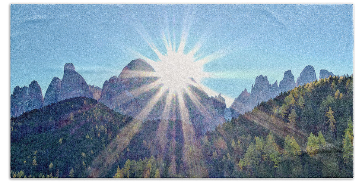Sunrise Sun Rays Glory Black Mountains Powerful Striking Sunlight Sky Dramatic Beautiful Stunning Magnificent Exciting Landscape Contemporary Serenity Inspirational Serene Stylish Magic Poetic Exceptional Singular Electric Stimulating Thrilling Atmospheric Aesthetic Attractive Radiant Expressive Expression Alluring Scenic Sensational Appealing Brilliant Captivating Fascinating Glamorous Glorious Spectacular Splendid Simplicity Solo Solitary Evocative White Church Vivid Color Dolomites Italy Alps Beach Towel featuring the photograph Sunrise glory NEW DAY IS RISING DolomItes Italy, St Johann Church, Val di Funes by Tatiana Bogracheva