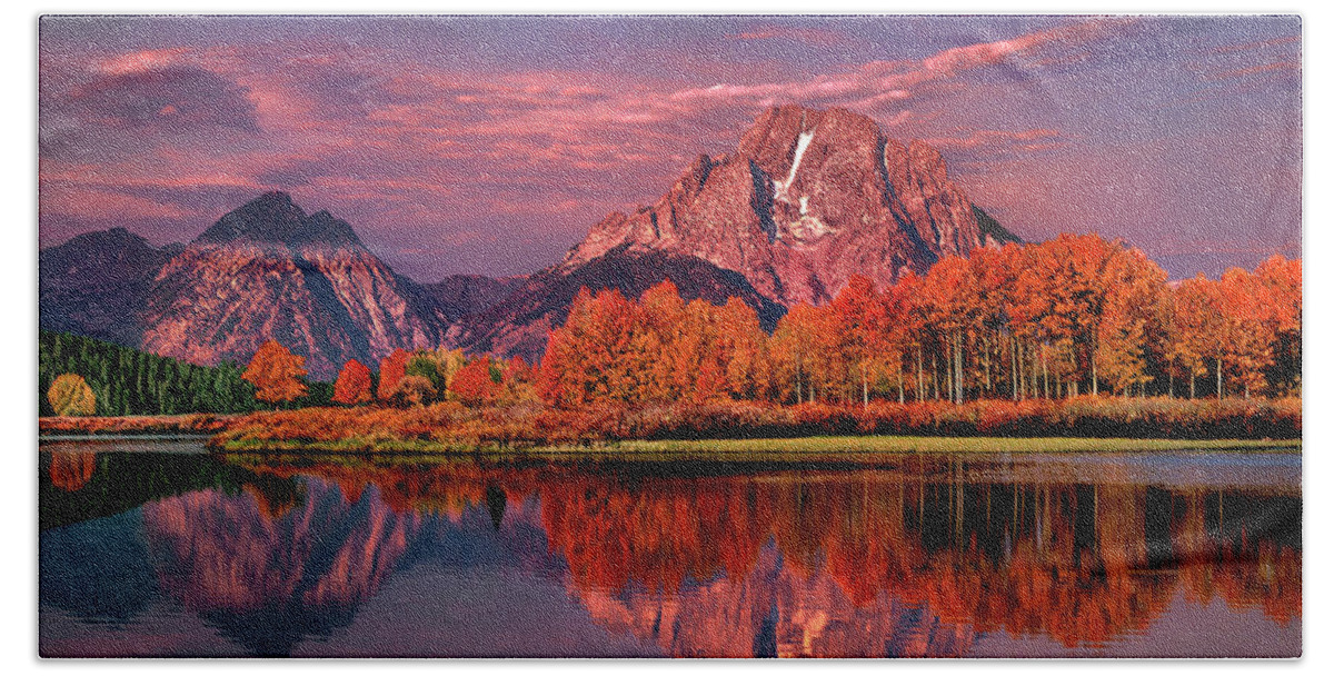 Dave Welling Beach Towel featuring the photograph Sunrise Mount Moran Oxbow Bend Grand Tetons Np by Dave Welling