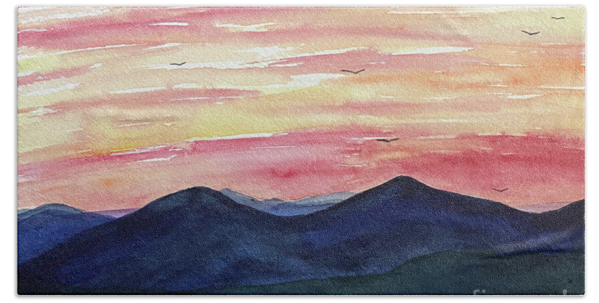 Sunrise Beach Towel featuring the painting Sunrise Mountains by Lisa Neuman