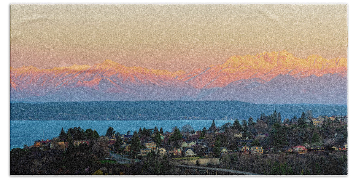 Sunrise; Dawn; Outdoor; Park; Marshall Park Beach Towel featuring the digital art First light of Olympic Mountains from Betty Bowen viewpoint by Michael Lee