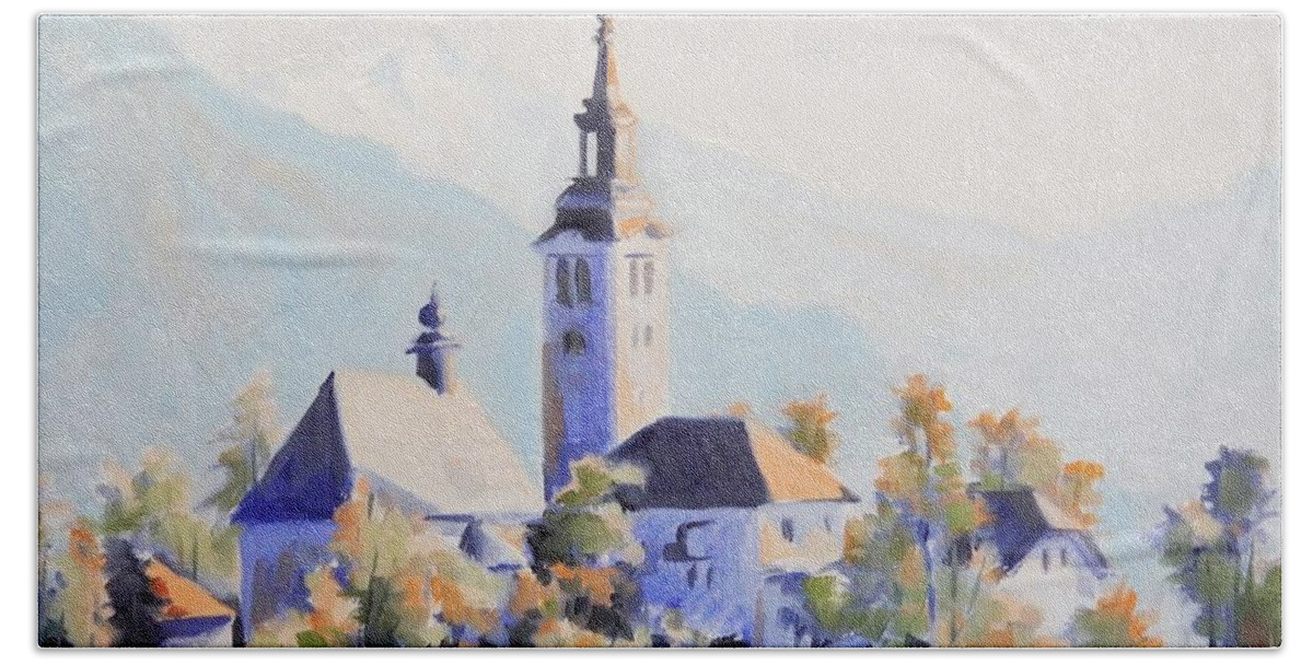 Lake Bled Beach Towel featuring the painting Sunrise Spires by K M Pawelec
