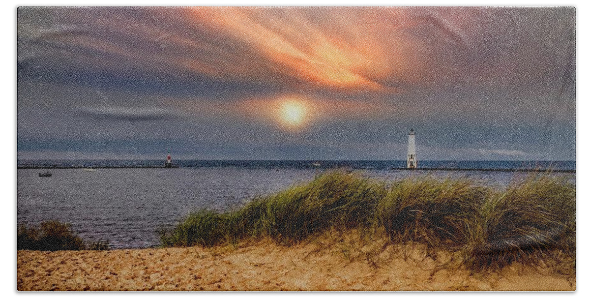 Northernmichigan Beach Towel featuring the photograph Sunset at Betsie Harbor Entrance IMG_3653 by Michael Thomas