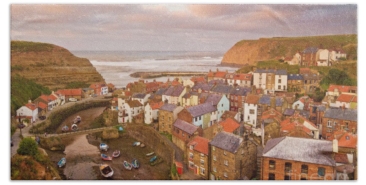 Staithes Yorkshire Beach Towel featuring the photograph Sunset at Staithes, Yorkshire, England by Neale And Judith Clark