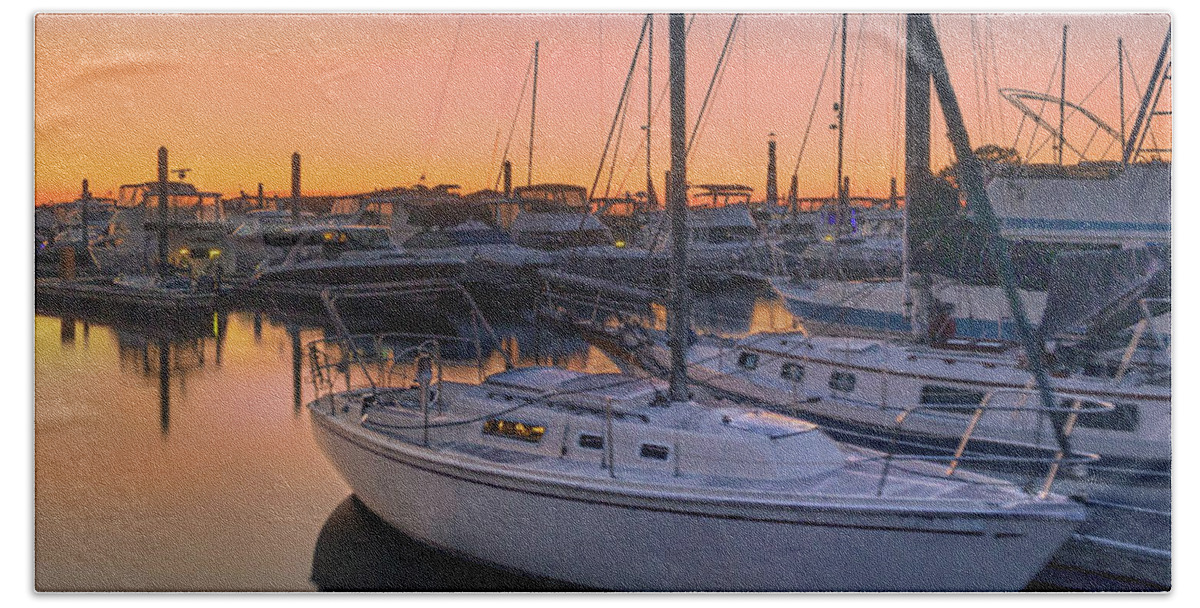 Twilight Beach Towel featuring the photograph Sunset at the Harbor by James Woody