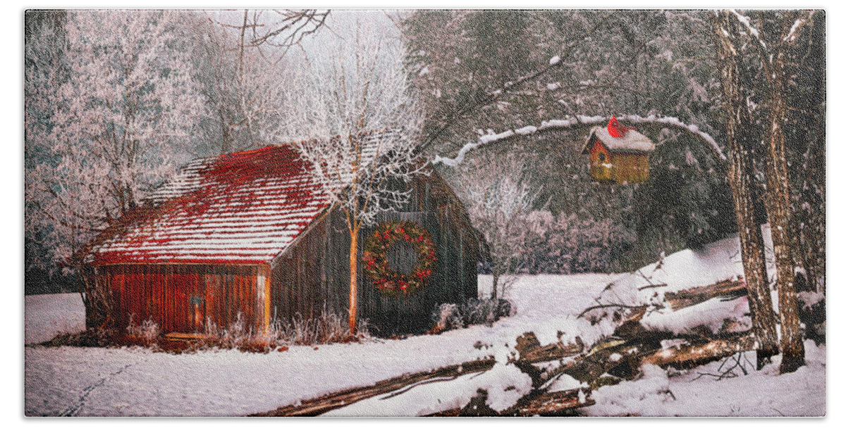 Barn Beach Towel featuring the photograph Sunset Barn in the Snow by Debra and Dave Vanderlaan