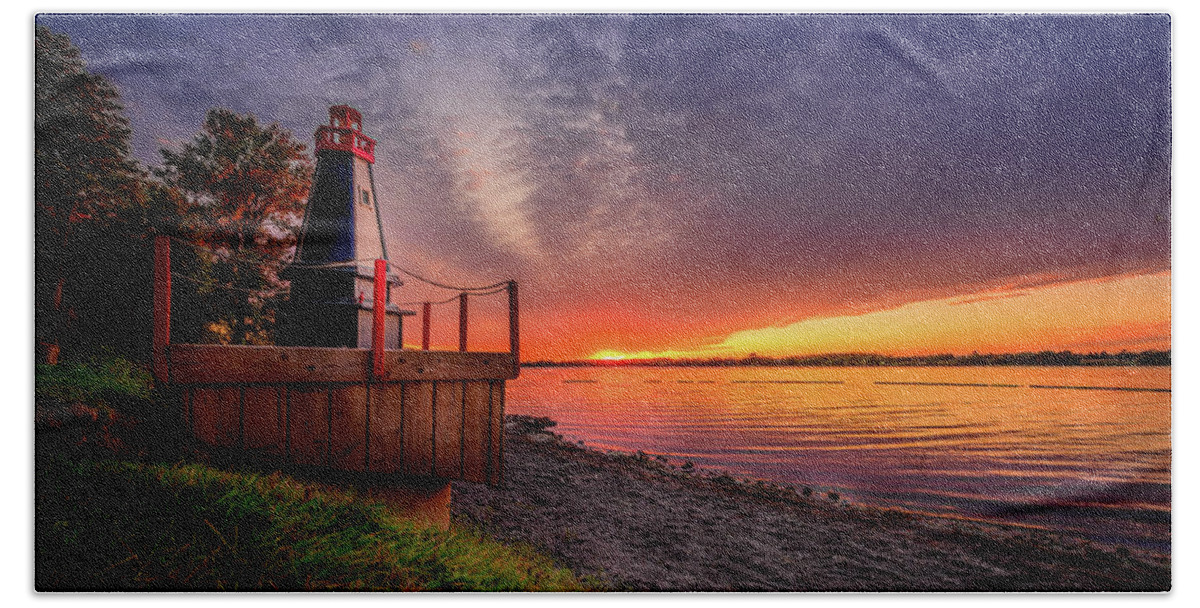 Autumn Beach Towel featuring the photograph Sunset Beach Lighthouse by Dee Potter