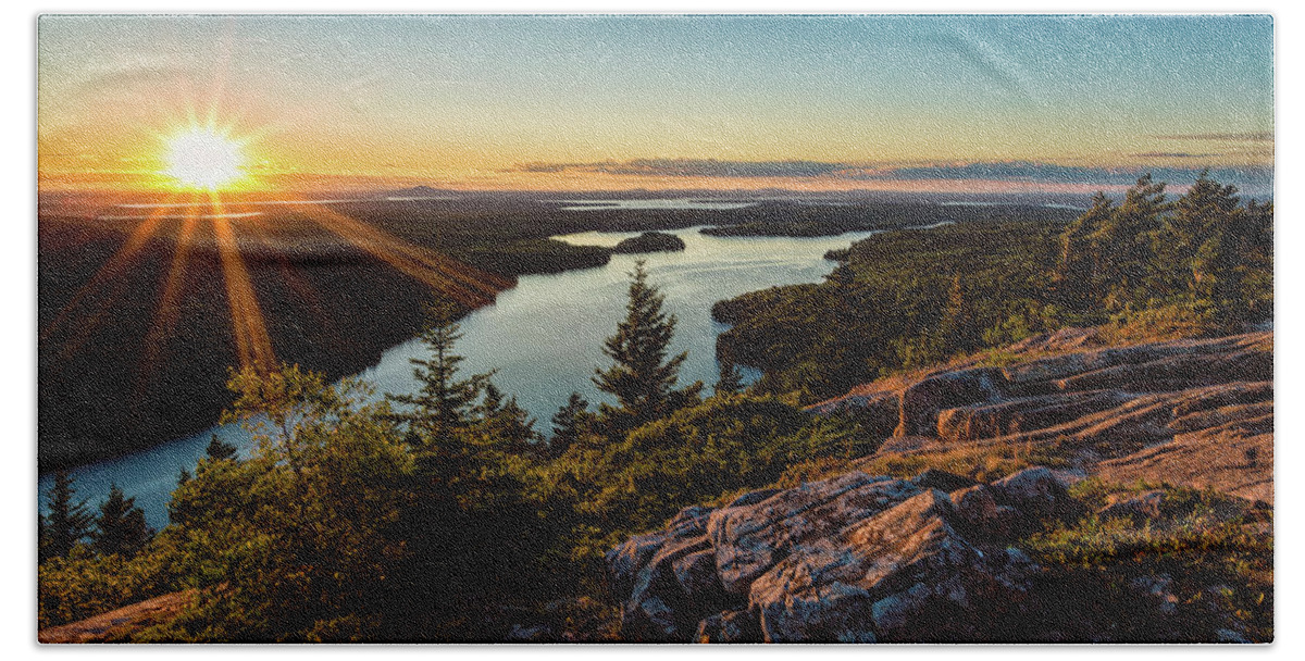 Acadia Beach Towel featuring the photograph Sunset Beech Mountain, Acadia NP by Jeff Sinon