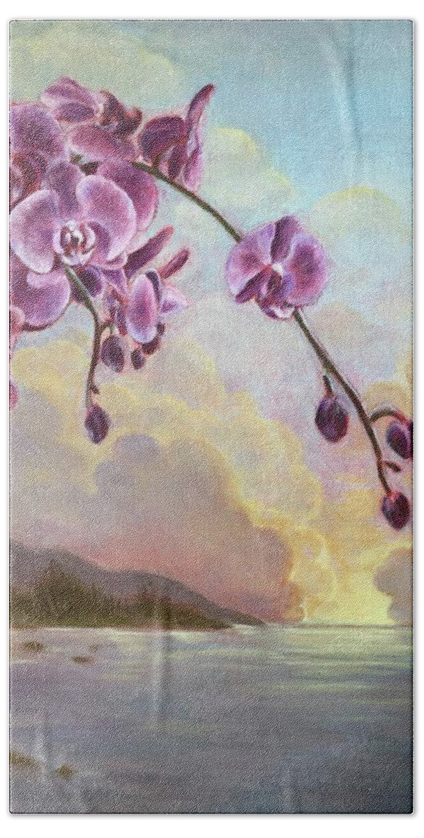 Orchids Beach Towel featuring the painting Sunset Blooms by Vina Yang