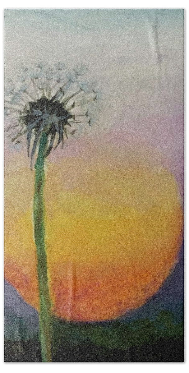 Military Brat Beach Towel featuring the painting Sunset Dandelion by Tracy Hutchinson