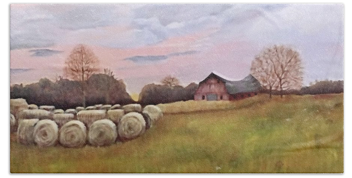 Farm Beach Towel featuring the painting Sunset Farm by Lynda Evans