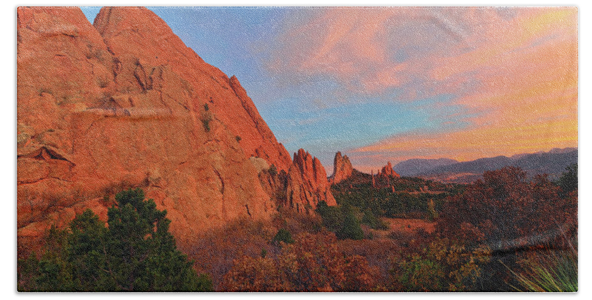 Sunset Beach Towel featuring the photograph Sunset, Garden of the Gods by Bob Falcone