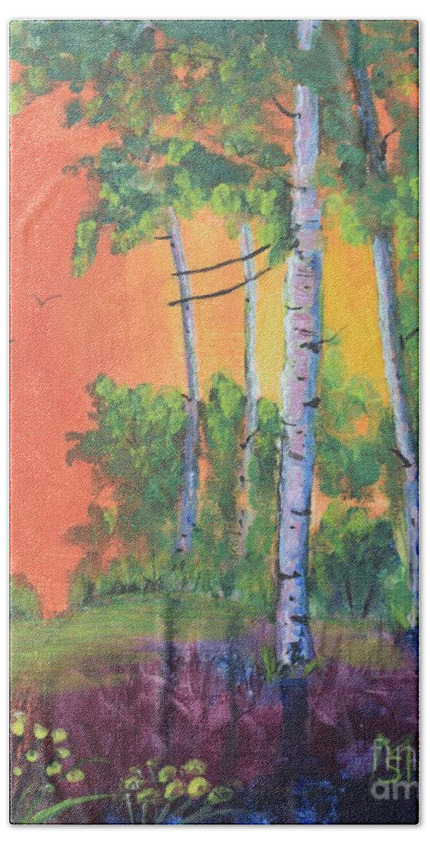 Sunset Beach Towel featuring the painting Sunset Glow by Monika Shepherdson