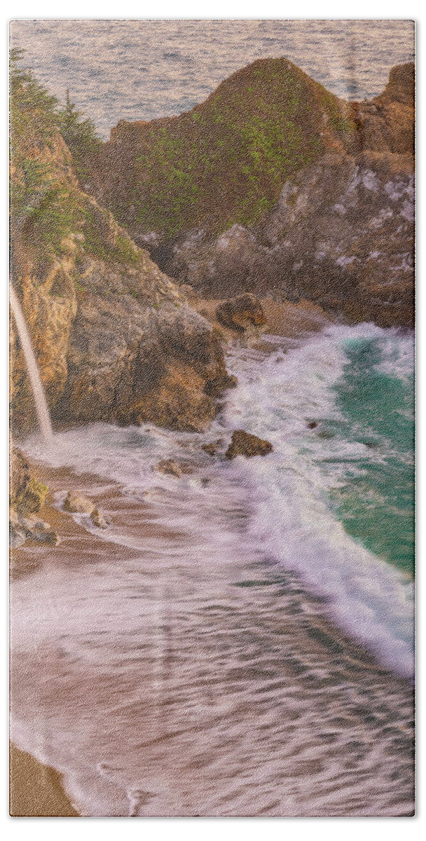 Waterfall Beach Towel featuring the photograph Sunset Light at McWay Falls by Darren White