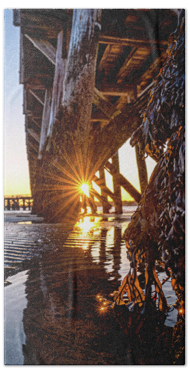 New Hampshire Beach Towel featuring the photograph Sunset Light Under Fort Foster Pier by Jeff Sinon