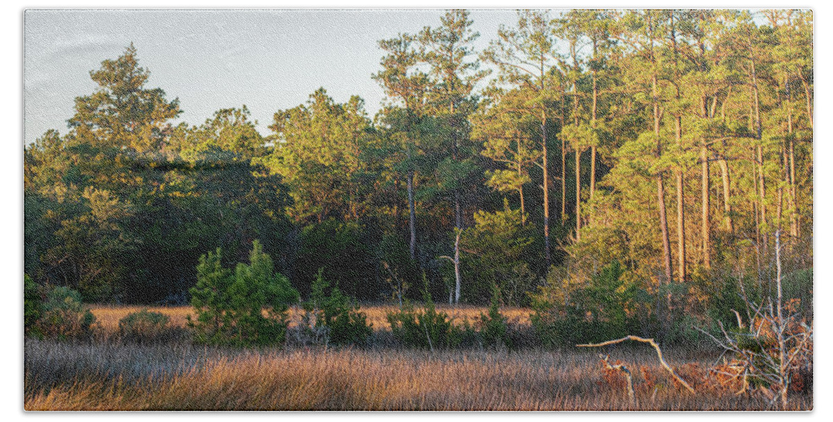 Sunset Beach Towel featuring the photograph Sunset on Core Creek Marsh in North Carolina by Bob Decker