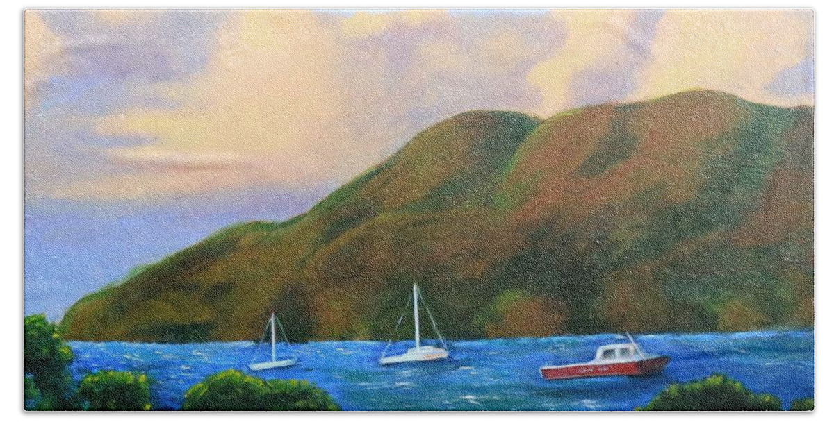 Sunset Beach Sheet featuring the painting Sunset on Cruz Bay by Laurie Morgan