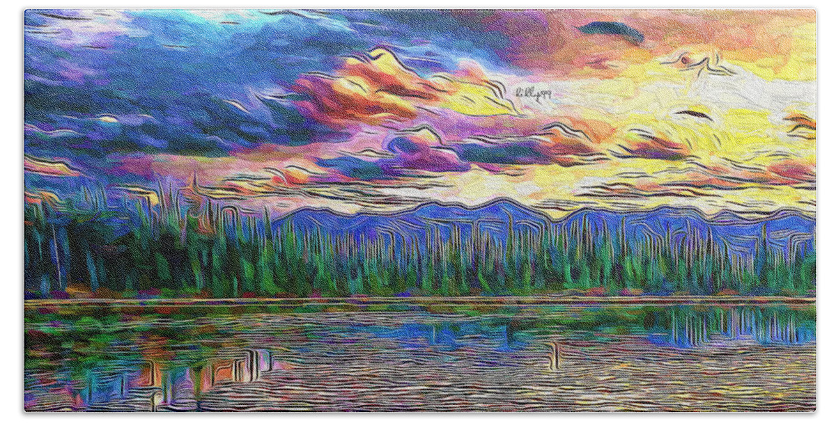 Paint Beach Towel featuring the painting Sunset on lake 3 by Nenad Vasic