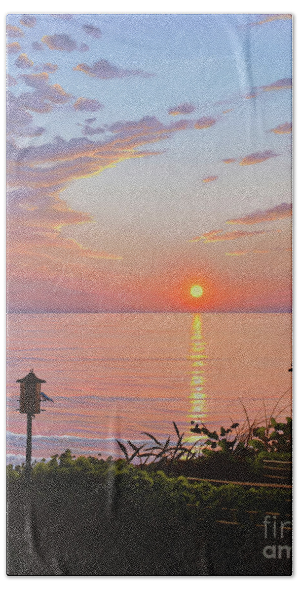 Michigan Beach Sheet featuring the painting Sunset on the Lake by Joe Mandrick