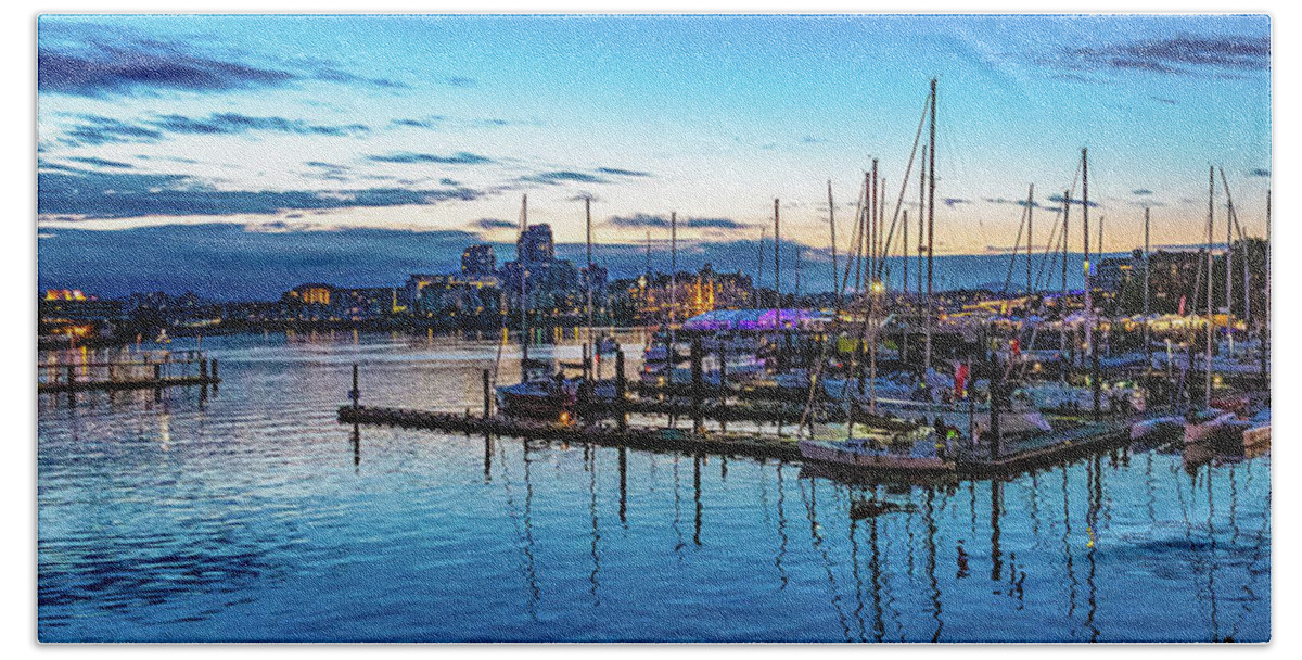 Sunset Beach Towel featuring the digital art Sunset over a Harbor in Victoria British Columbia by SnapHappy Photos