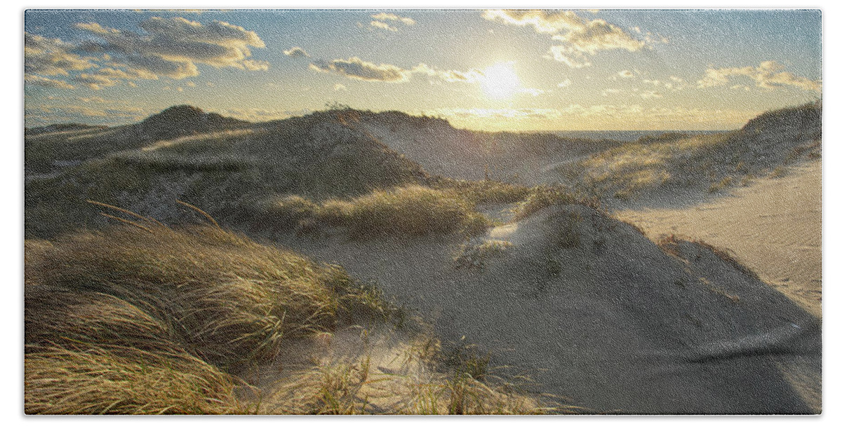 Sunset Beach Towel featuring the photograph Sunset over Cape Cod Dunes at Great Island Beach Wellfleet by Darius Aniunas