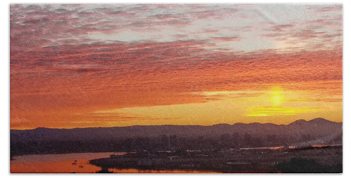 Sunset Water Bay Trees Yellow Orange Grey Clouds Island Beach Towel featuring the digital art Sunset over Mission Bay by Kathleen Boyles