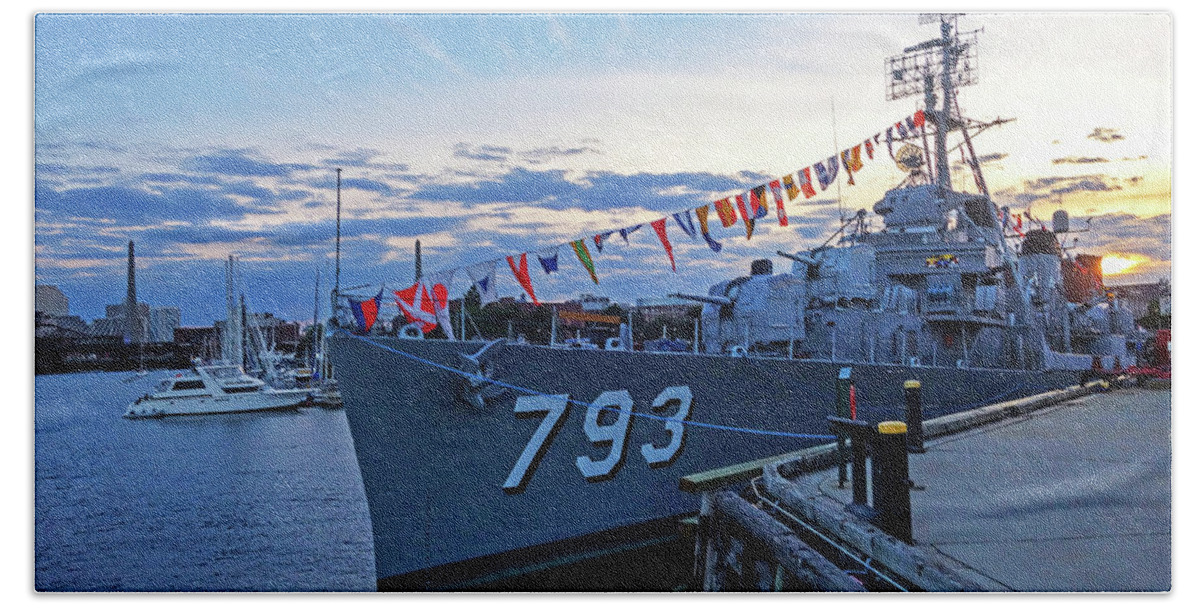 Charlestown Beach Towel featuring the photograph Sunset over the USS Cassin Young Battleship 793 in Charlestown Massachusetts by Toby McGuire