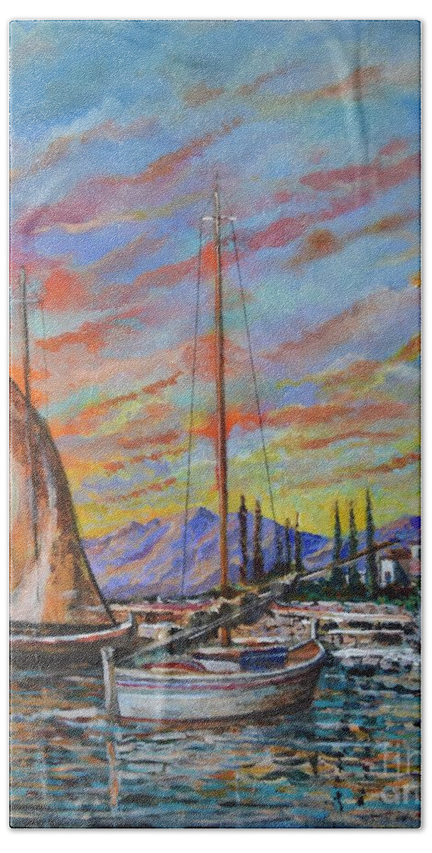 Original Painting Beach Towel featuring the painting Sunset by Sinisa Saratlic