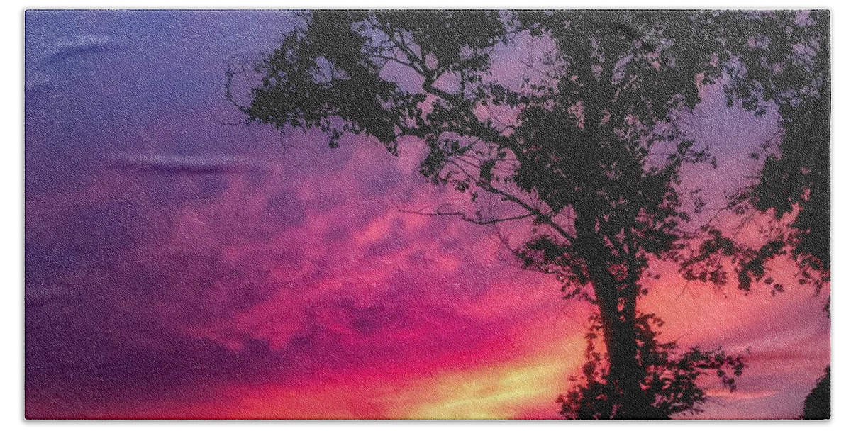 Sunset  Beach Towel featuring the photograph Sunset with a tree by Kelsea Peet