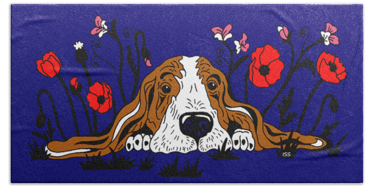 Sweet Beach Towel featuring the painting Super Adorable Basset Puppy Lying In The Flower Field by Irina Sztukowski