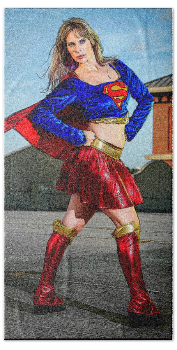 Cosplay Beach Towel featuring the pyrography Supergirl #3 by Christopher W Weeks
