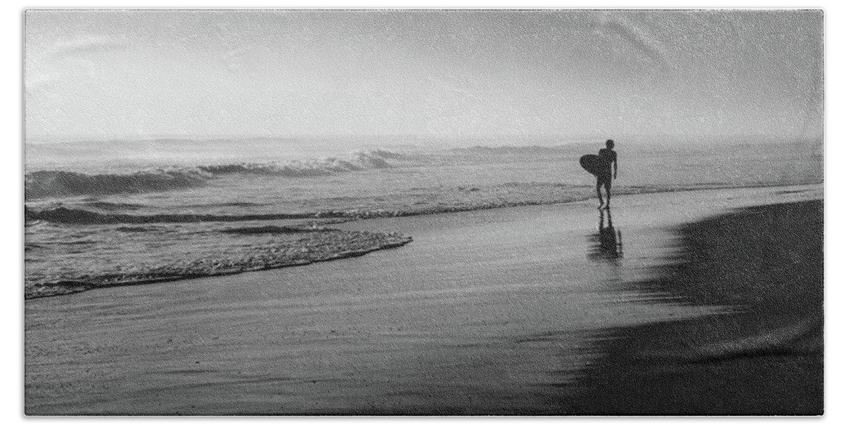 Surfer Beach Towel featuring the photograph Surfer Moment of Grace Bw by Laura Fasulo