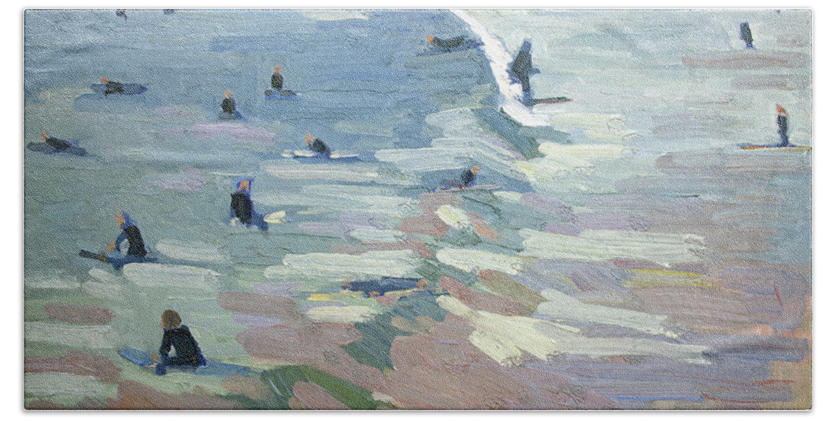 Surfing Beach Towel featuring the painting Surfing USA - Surfers Waiting to Catch a Wave and Catching Waves in Southern California by Paul Strahm